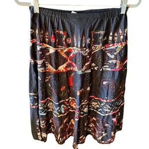 Chicos size 1 black embroidered India batik print long midi skirt. EUC.